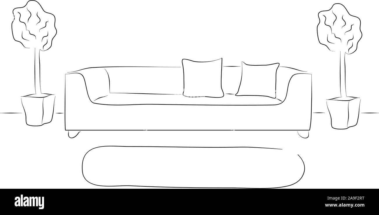Lo stile degli interni. Illustrazione divano. Sfondo vintage. Confortevole concetto indoor, nero Illustrazione Vettoriale