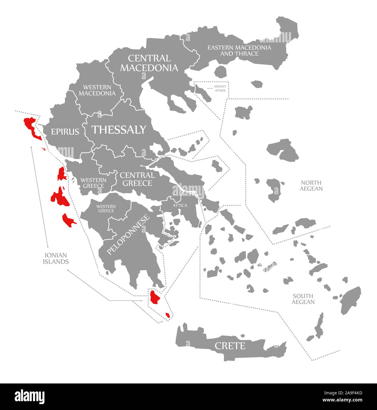 Isole Ionie evidenziata in rosso nella mappa della Grecia Foto Stock