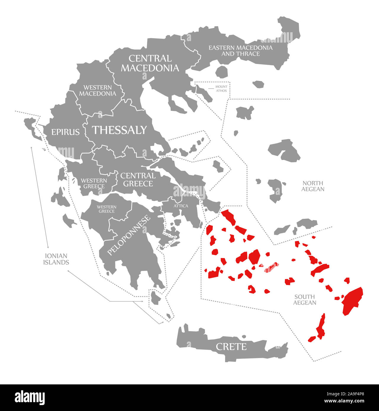 Sud Egeo evidenziata in rosso nella mappa della Grecia Foto Stock