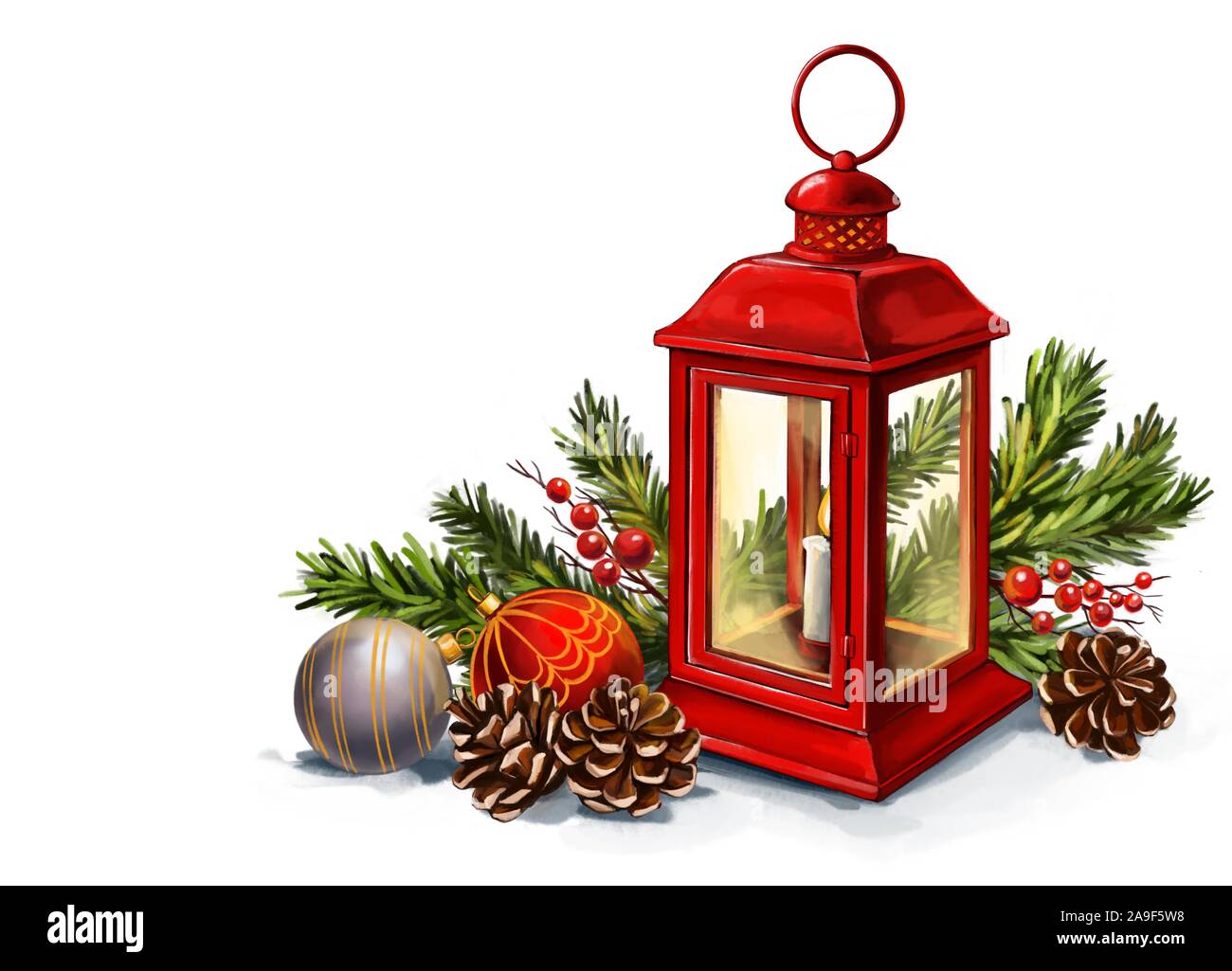 Vintage rosso lanterna con una candela che brucia con giocattoli di Natale, decorativi ornamento di Natale, arte illustrazione dipinto con acquerelli isolati su wh Foto Stock