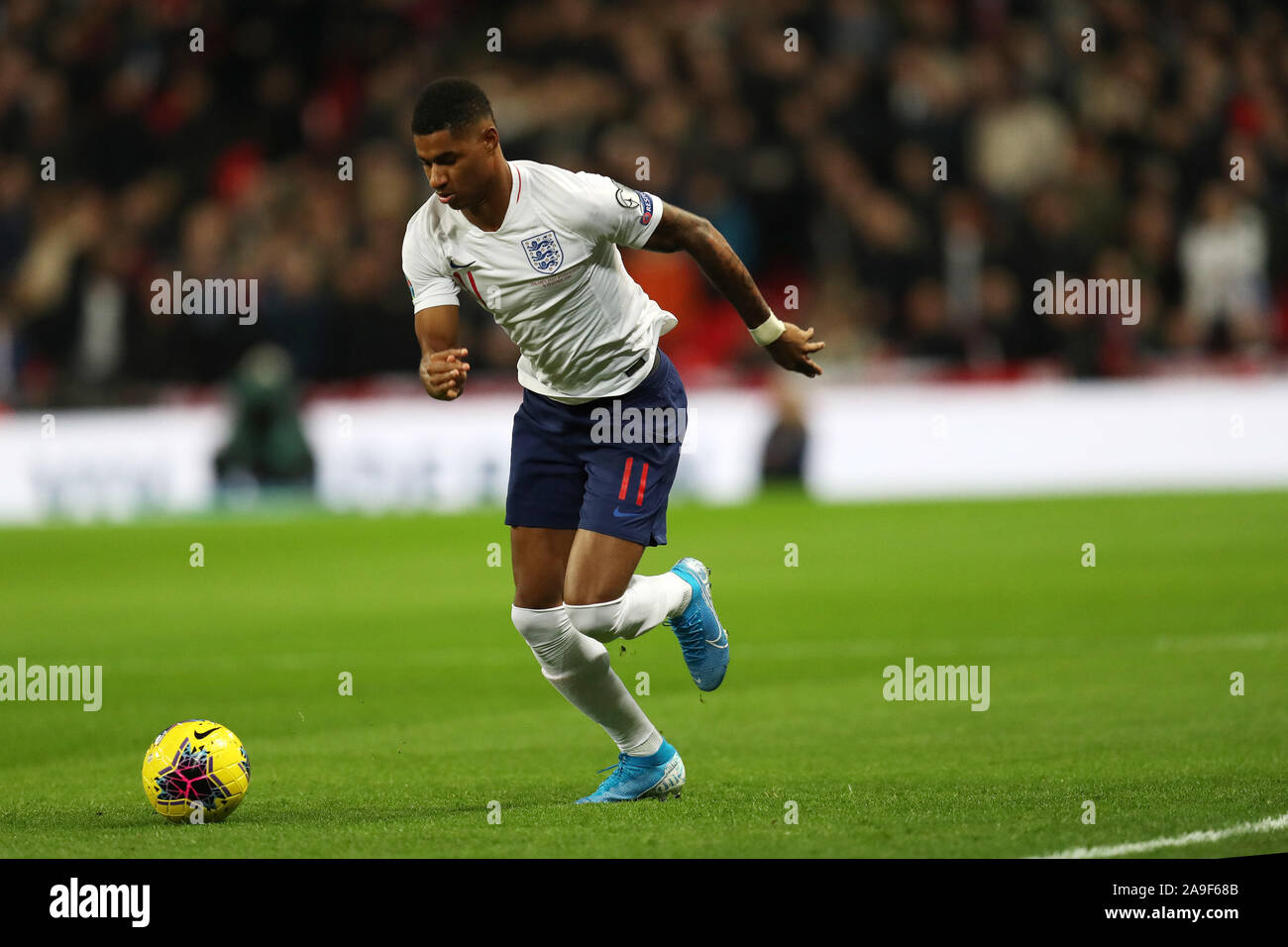Londra, Regno Unito. Xiv Nov, 2019. Marcus Rashford dell'Inghilterra in azione. UEFA Euro 2020 il qualificatore, gruppo un match, Inghilterra v Montenegro allo Stadio di Wembley a Londra il giovedì 14 novembre 2019. Solo uso editoriale. Questa immagine può essere utilizzata solo per scopi editoriali. Solo uso editoriale, è richiesta una licenza per uso commerciale. Nessun uso in scommesse, giochi o un singolo giocatore/club/league pubblicazioni pic da Andrew Orchard/Andrew Orchard fotografia sportiva/Alamy Live news Credito: Andrew Orchard fotografia sportiva/Alamy Live News Foto Stock