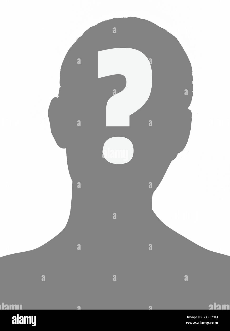 Anonimo persona silhouette grigio con un punto interrogativo su sfondo bianco. Concetto di persona sconosciuta nel web. Foto Stock