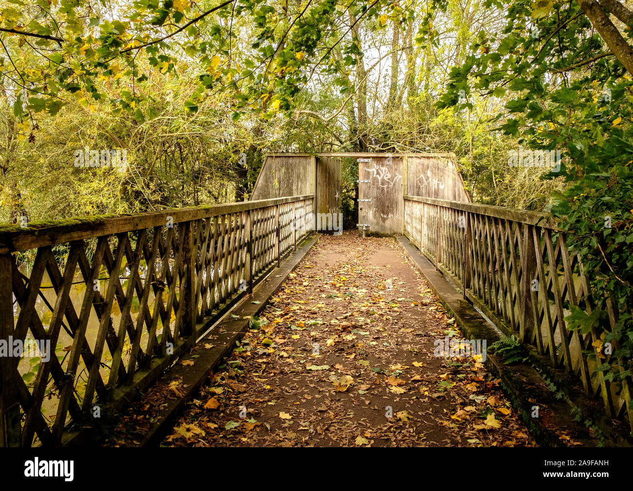 Una passerella sul fiume Cherwell fluente attraverso la Oxford University Parchi di collegamento alla Mesopotamia a piedi Foto Stock