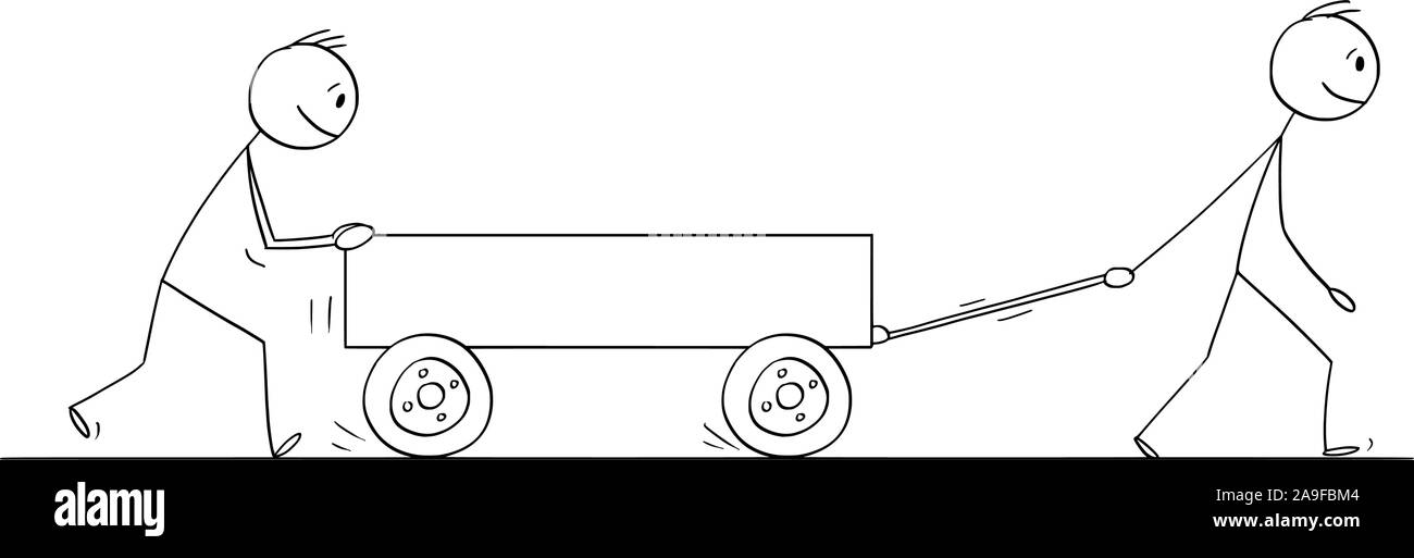 Vector cartoon stick figura disegno illustrazione concettuale di due uomini o uomini di affari spingendo il carrello è vuoto o camion o pushcart. Illustrazione Vettoriale