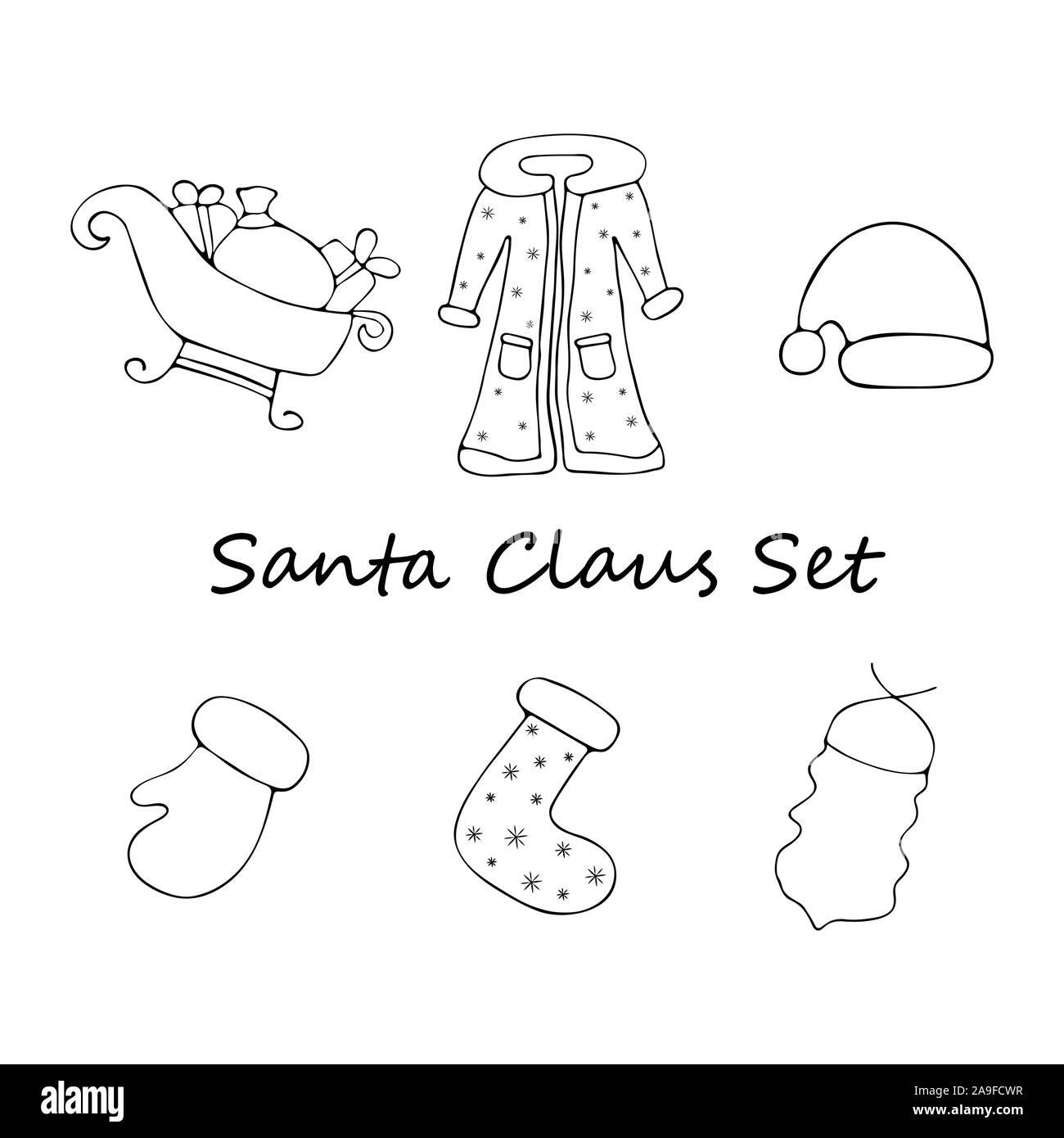 Santa Claus set di abbigliamento in stile doodle su uno sfondo bianco. Silhouette piatta illustrazione dello stile Illustrazione Vettoriale