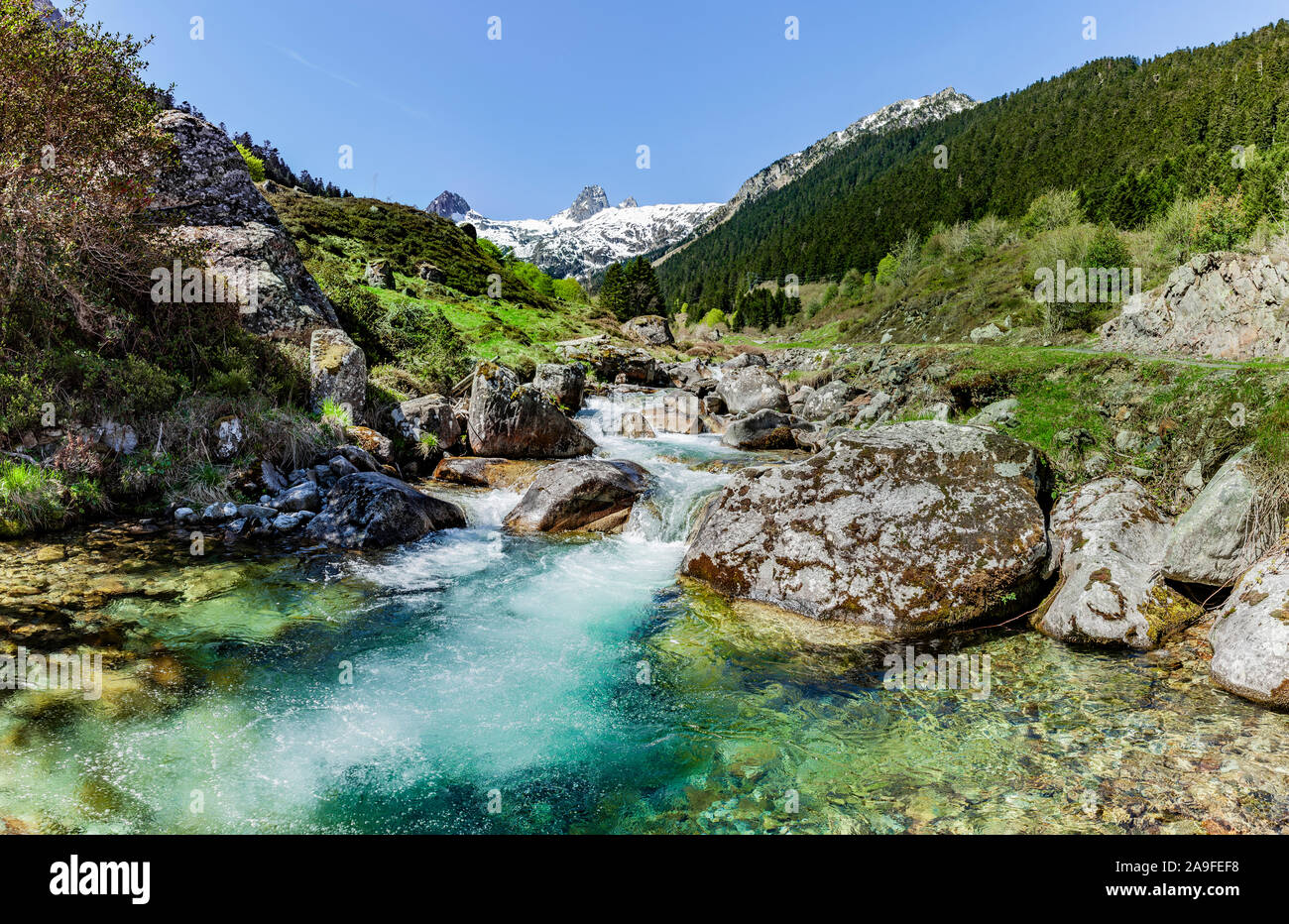 Ruscello di montagna sul Lac de Suyen nella Val dàzun Pirenei Foto Stock