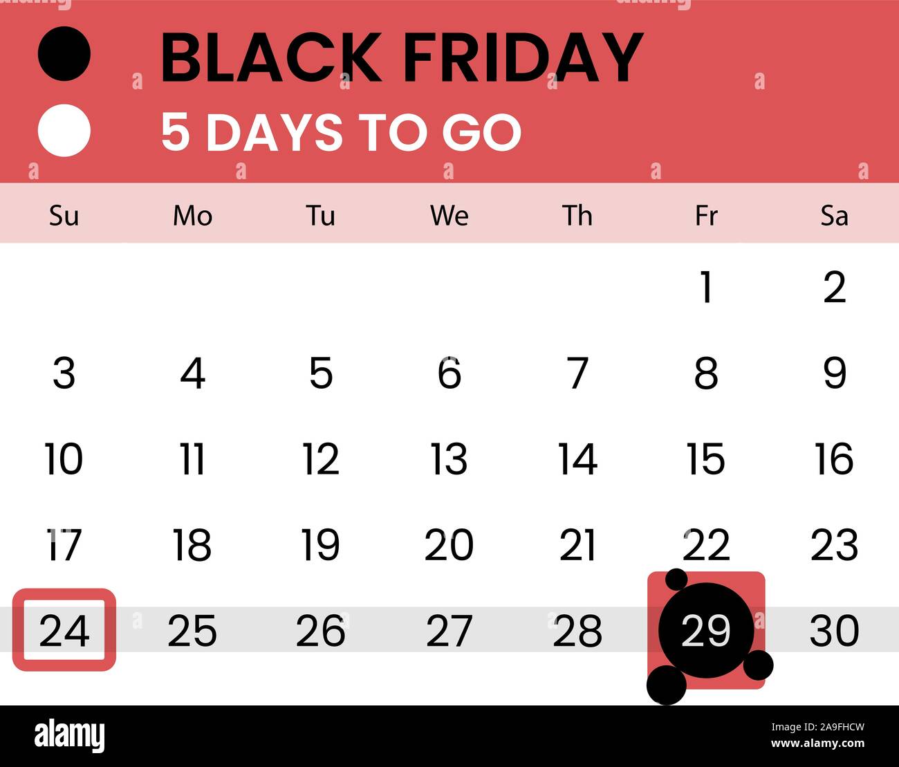 Venerdì nero banner come calendario con conto alla rovescia - 5 giorni per andare. In attesa di 2019 Venerdì nero. Contano come giorni a sinistra. Illustrazione Vettoriale Illustrazione Vettoriale