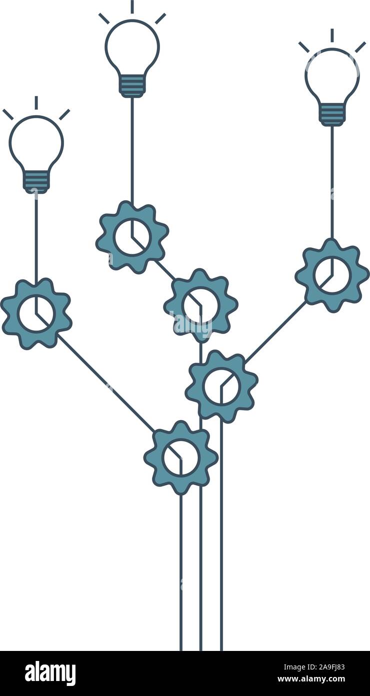 Denti di ingranaggio e lampadine dimostrare il processo aziendale. Lampade e ruote dentate modello per infographics. Il progresso, processo, illustrazione di collaborazione. V Illustrazione Vettoriale