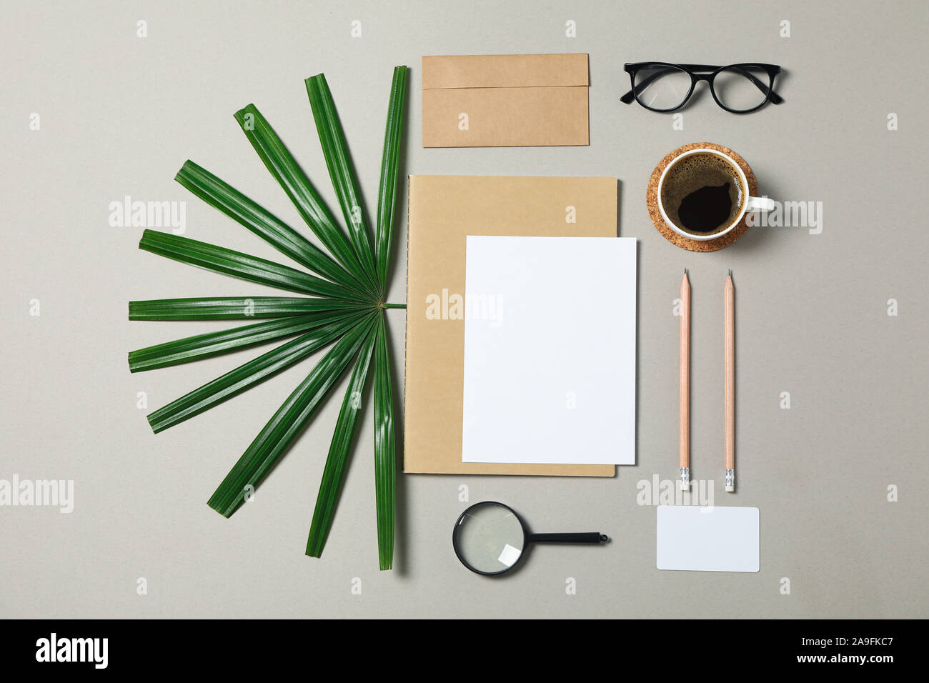 Mockup. Corporate Stationery, bicchieri e foglie di palmo su sfondo grigio. Lay piatto Foto Stock