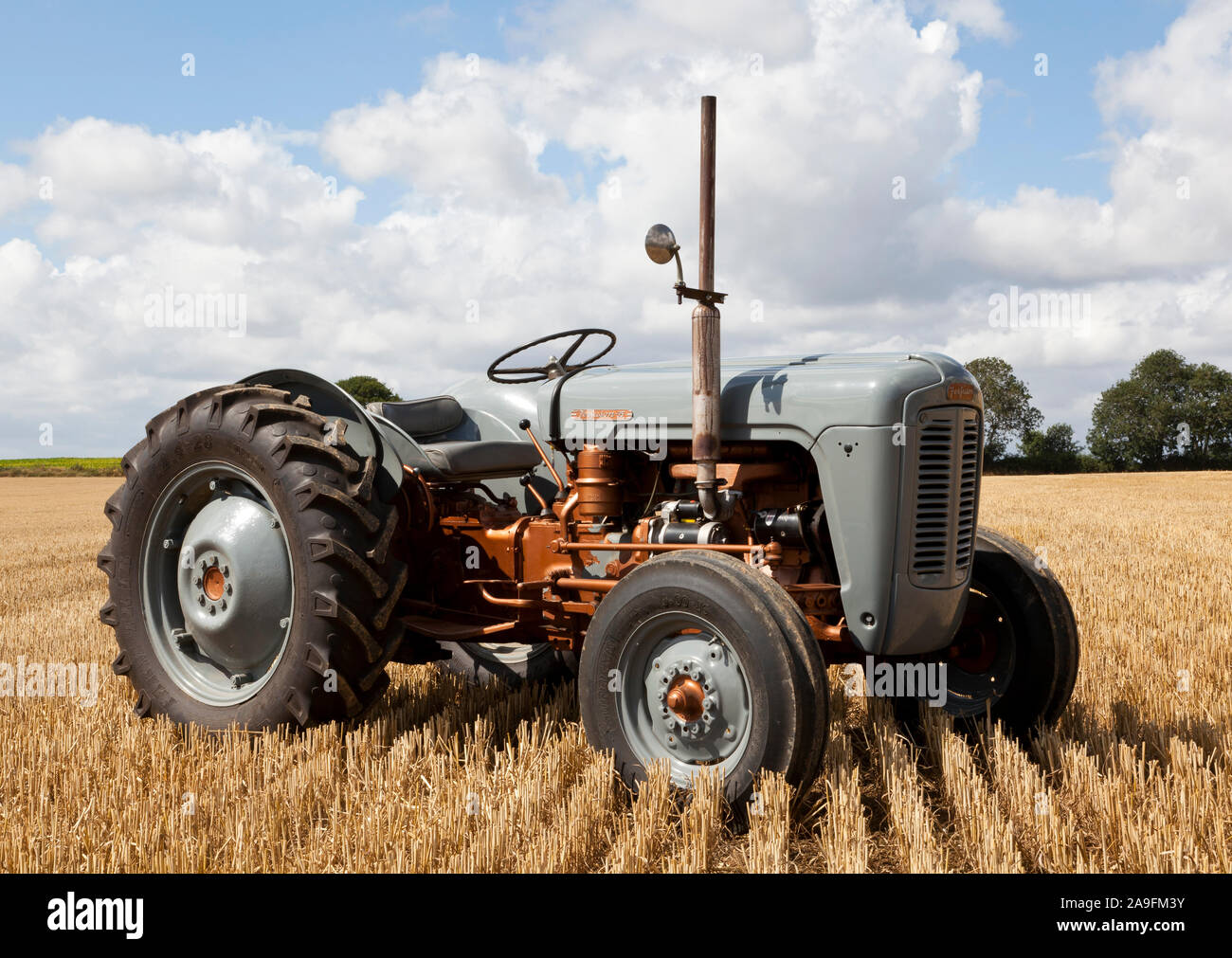 Un vintage trattore fermo in un campo Foto Stock