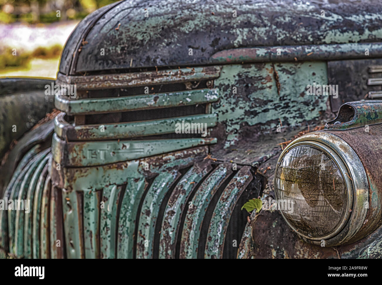 Un vecchio arrugginito carrello verde ancora in servizio presso un agriturismo Foto Stock