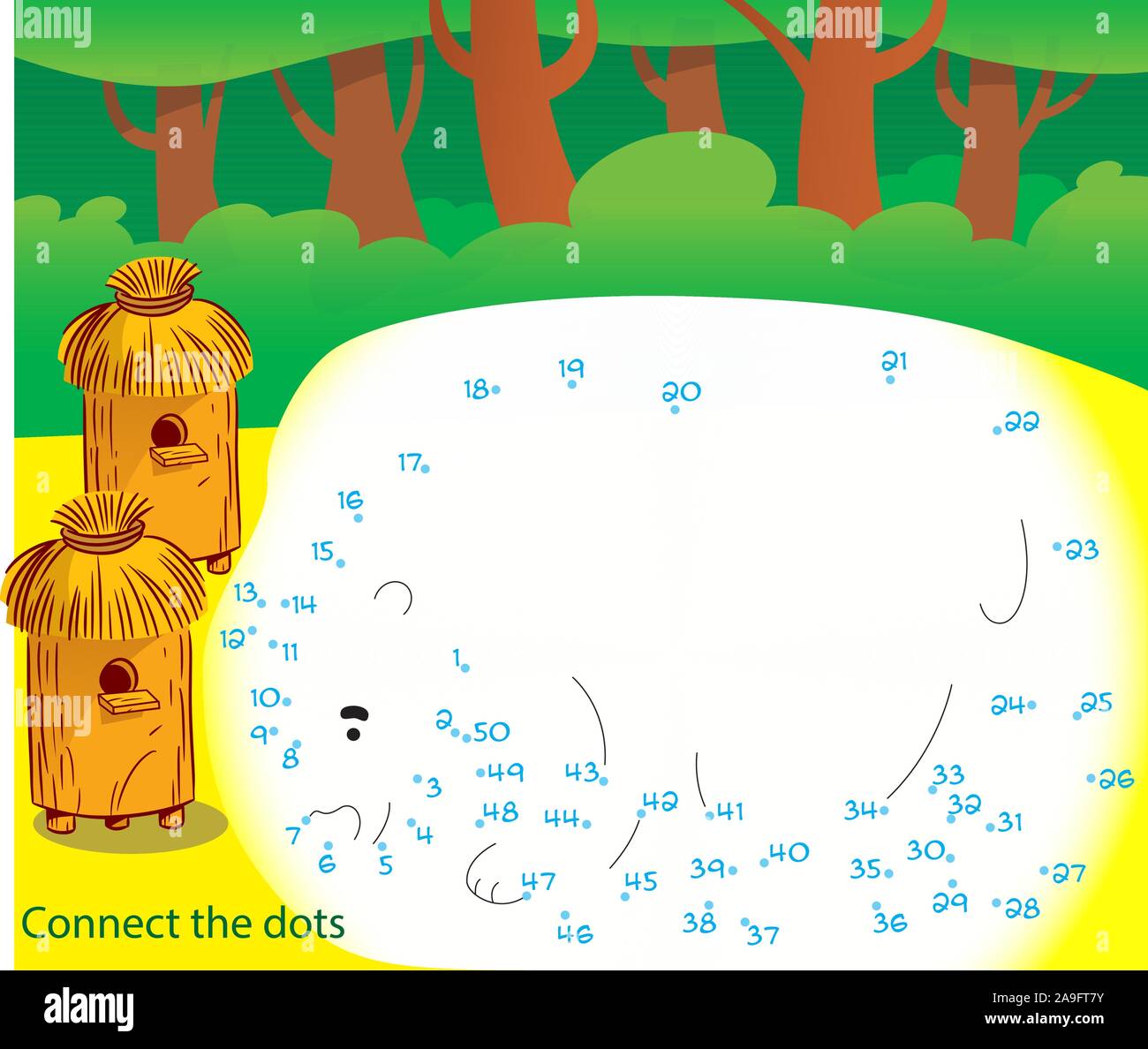 Nella illustrazione vettoriale, un puzzle in cui devi collegare i punti e disegnare un orso che è salito all'apiario Illustrazione Vettoriale