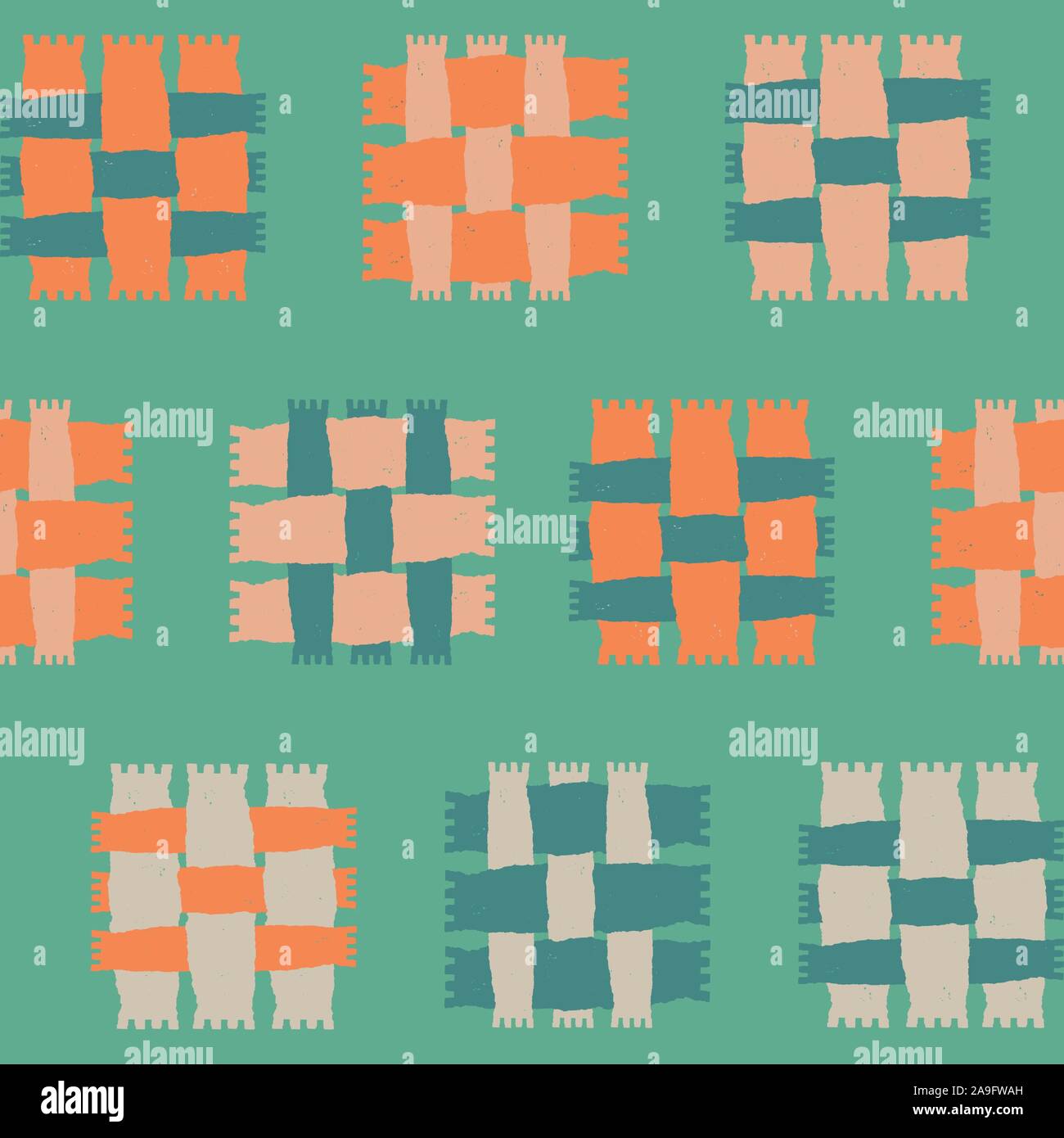 Dipinto a mano i frammenti di tessuto di blocchi di colore aqua, rosa, blu e arancione. Seamless vettore geometrico pattern con texture grunge su sfondo teal Illustrazione Vettoriale