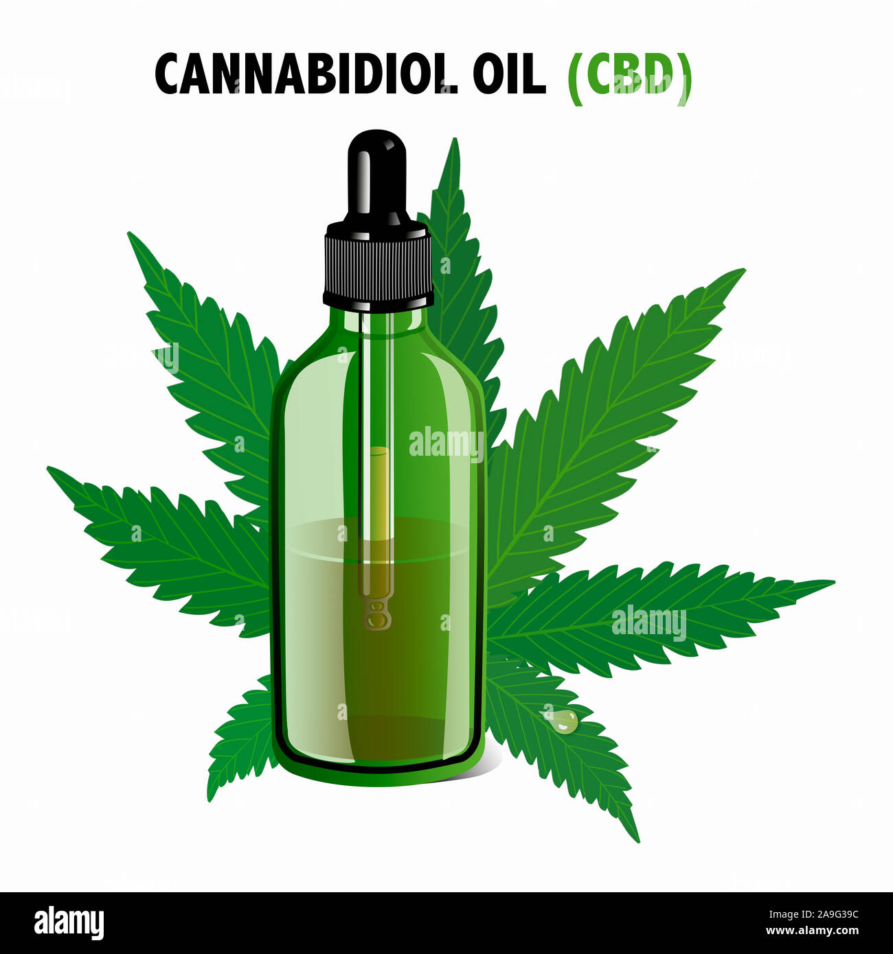 Illustrazione della CBD contagocce olio e foglia di canapa isolato su bianco utile come icona Foto Stock