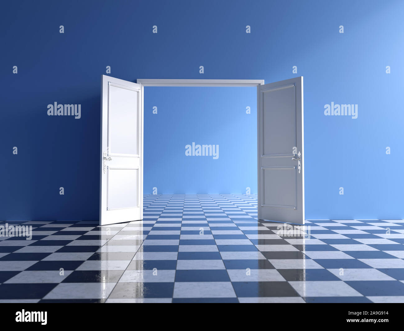Vuoto azzurro interno aperto con doppia porta e pavimento a scacchi Foto Stock