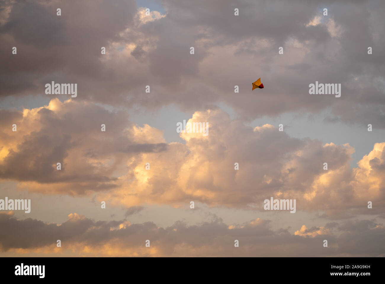 Aquilone giallo nel cielo contro dense nubi Foto Stock