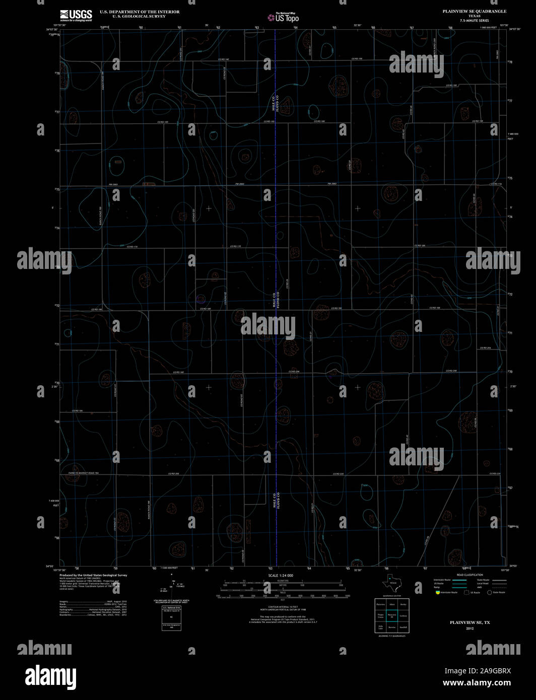 USGS TOPO Map Texas TX Plainview SE 20121030 TM restauro invertito Foto Stock