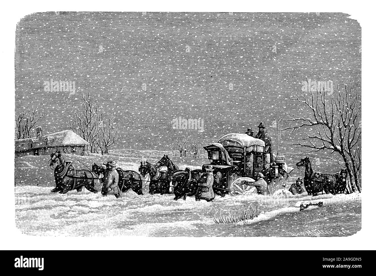 Il servizio postale coach Ostend - Londra bloccato nella neve durante una tempesta di neve Foto Stock