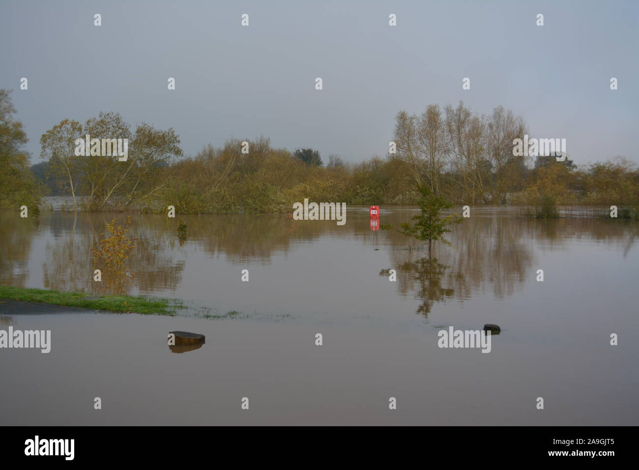 Le acque di esondazione del fiume Wye in ed intorno a Ross on Wye Herefordshire re il cambiamento climatico inverno difese fluviali Foto Stock