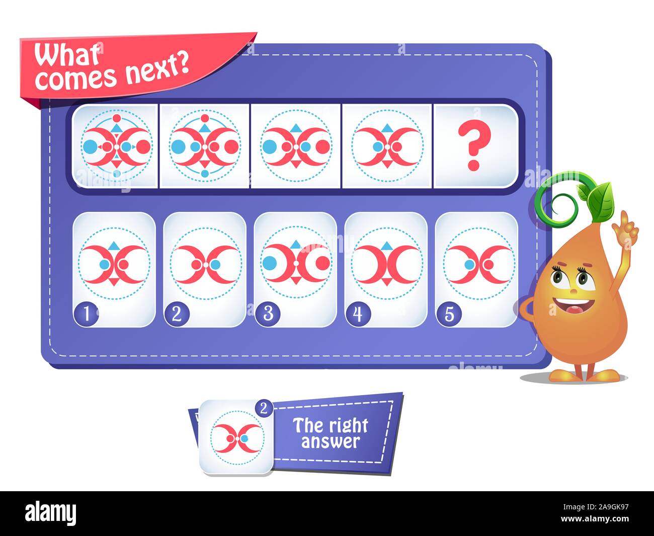 Gioco educativo per bambini e adulti. Sviluppo della logica, iq. Gioco di attività qual è il prossimo passo da compiere? Illustrazione Vettoriale