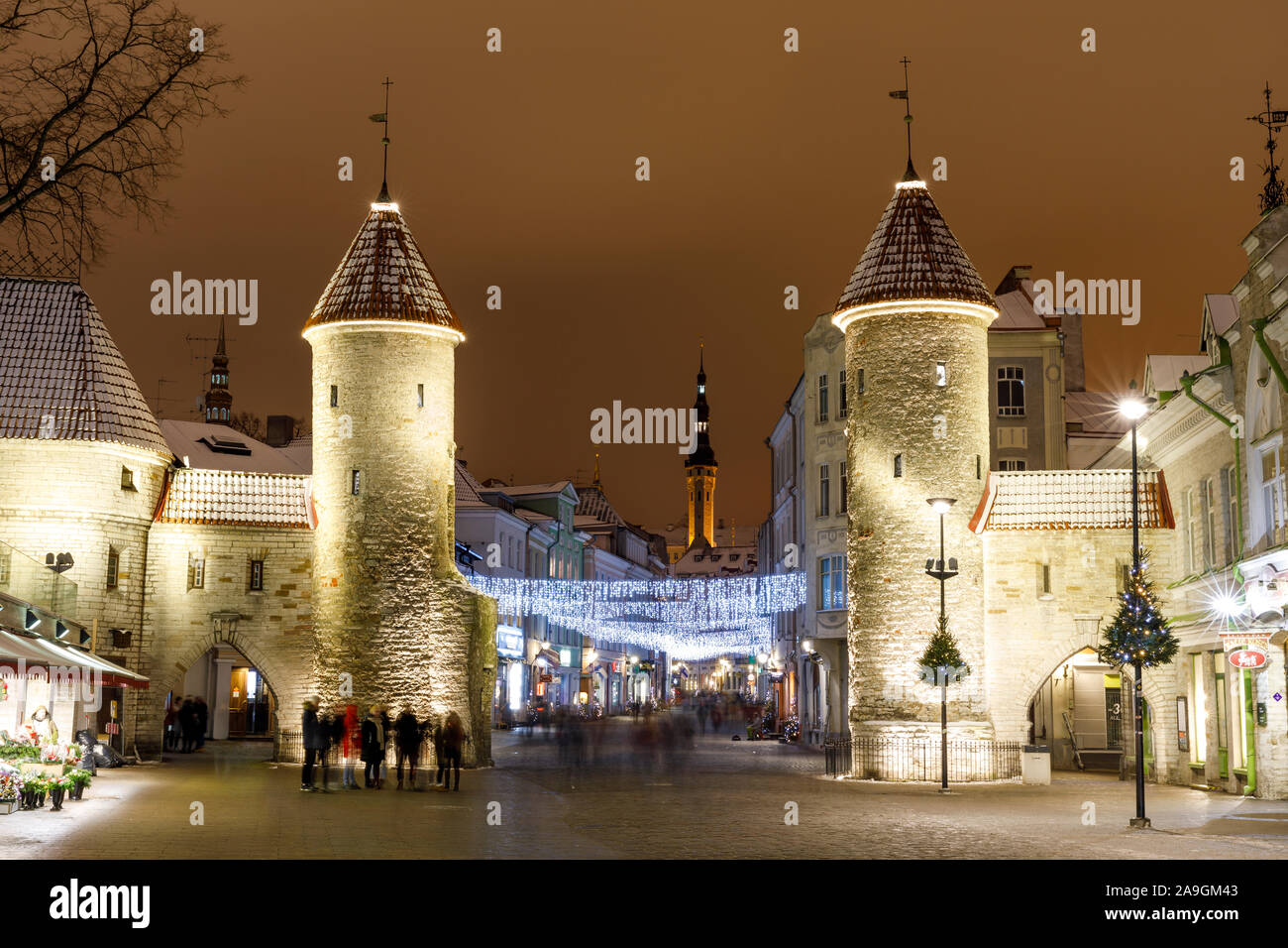 TALLINN, Estonia - 23 dicembre 2018: accesa curtain wall torri sulla Viru Street nella città vecchia di Tallinn, Estonia su dicembre 23, 2018 Foto Stock