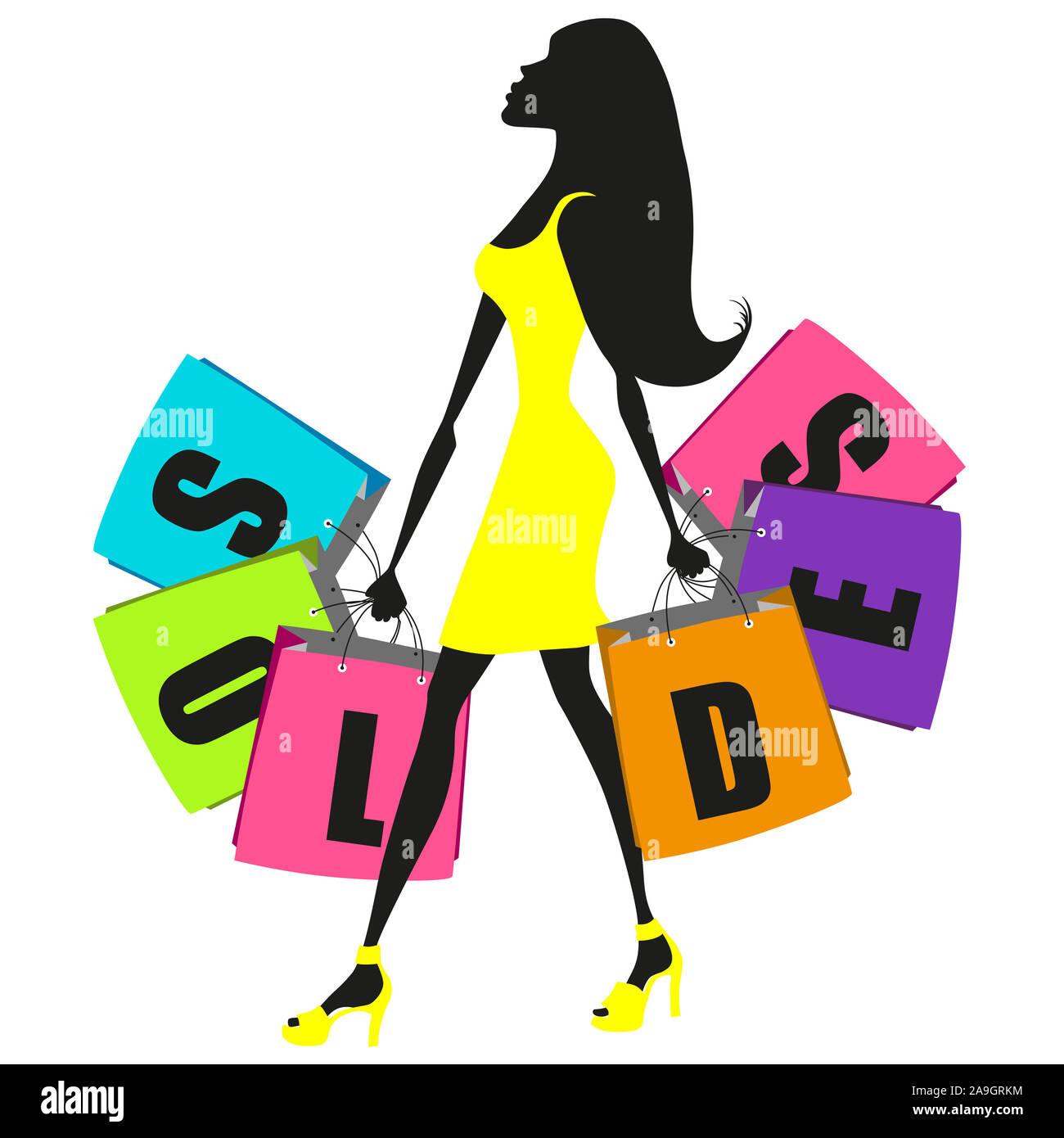 Donna illustrazione avente lo shopping con il francese vendita sacchetti di colore Foto Stock
