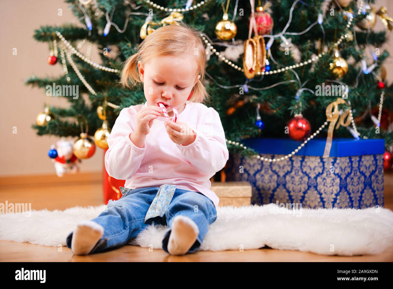 Finnland, weihnachten, Mutter und Kleinkind Weihnachtsbaum vor Foto Stock