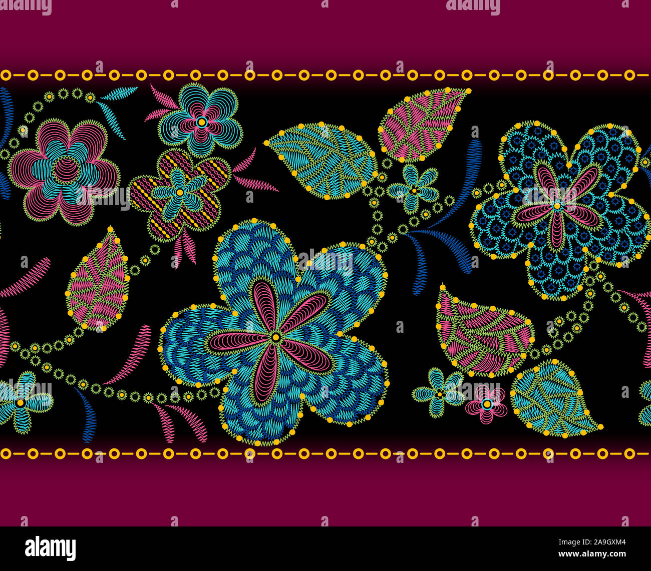 Senza cuciture colorate floreali ricamo border background di design Foto Stock