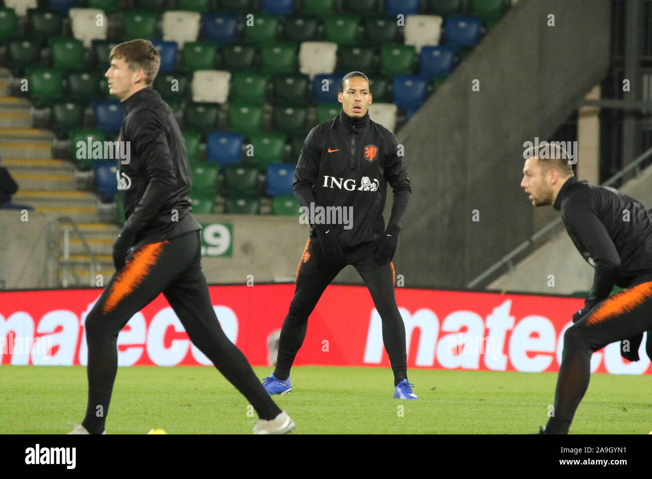 Windsor Park, Belfast, Irlanda del Nord, Regno Unito. 15 Nov 2019. Nei Paesi Bassi il treno a Windsor Park davanti a loro EURO 2020 il qualificatore contro NorthernIireland domani notte. Virgilio van Dijk. Credito: David Hunter/Alamy Live News. Foto Stock