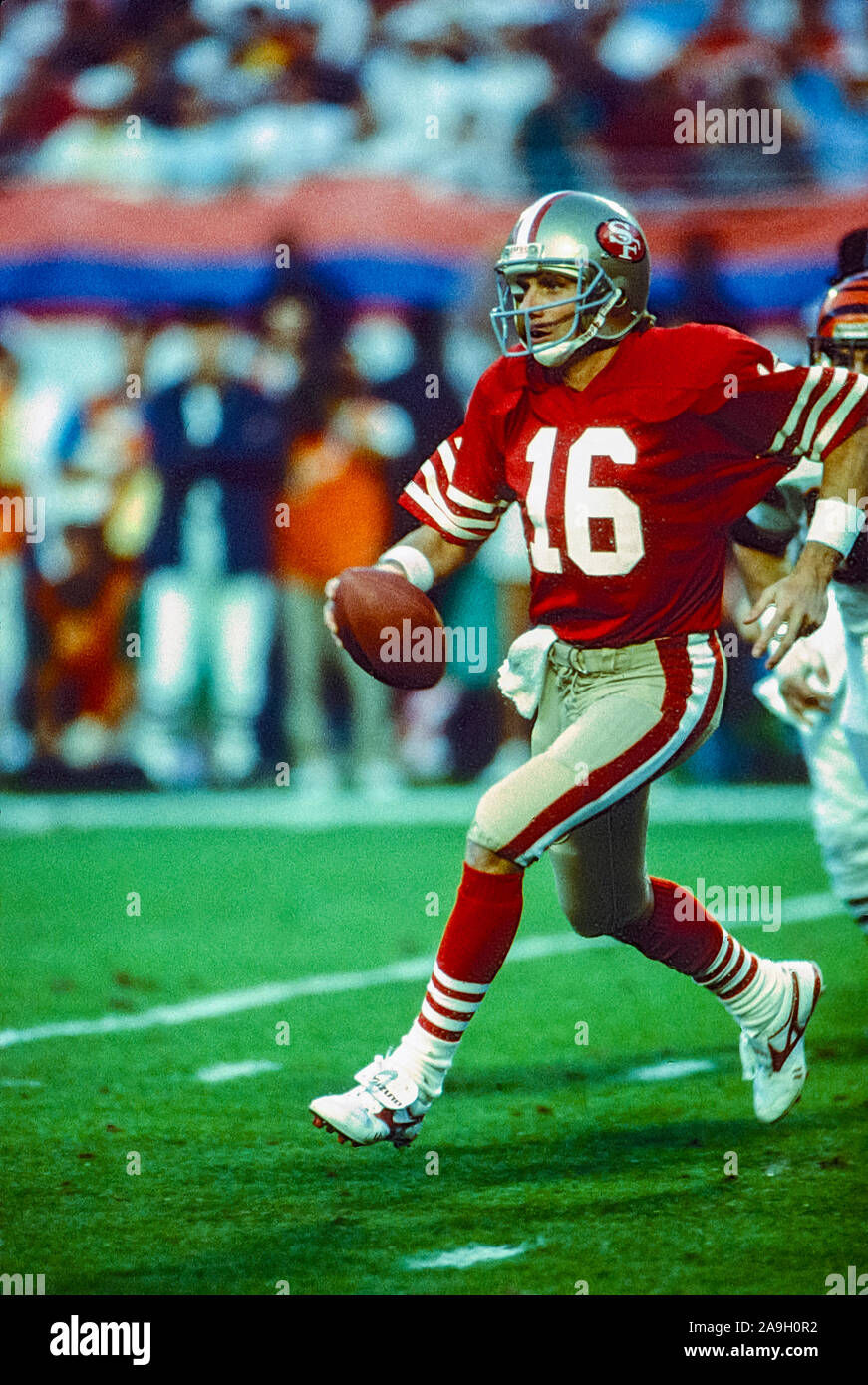 San Francisco 49ers Quarterback Joe Montana competere nel 1989 Superbowl. Foto Stock