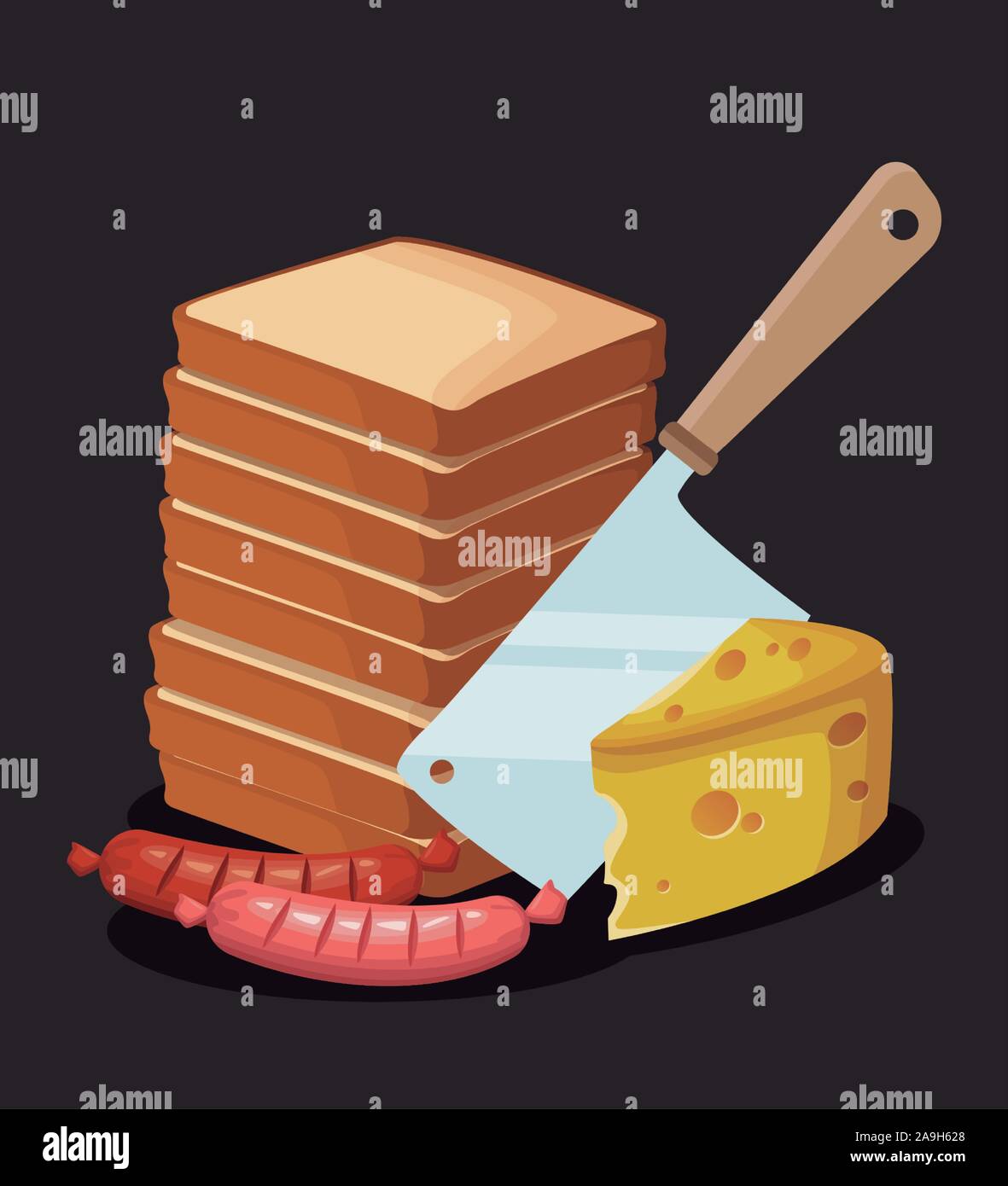 Pila di pani con un pezzo di formaggio e salsicce Illustrazione Vettoriale