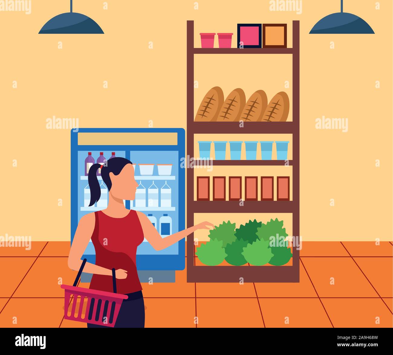 Avatar donna al supermercato corsia con stand, design colorato Illustrazione Vettoriale