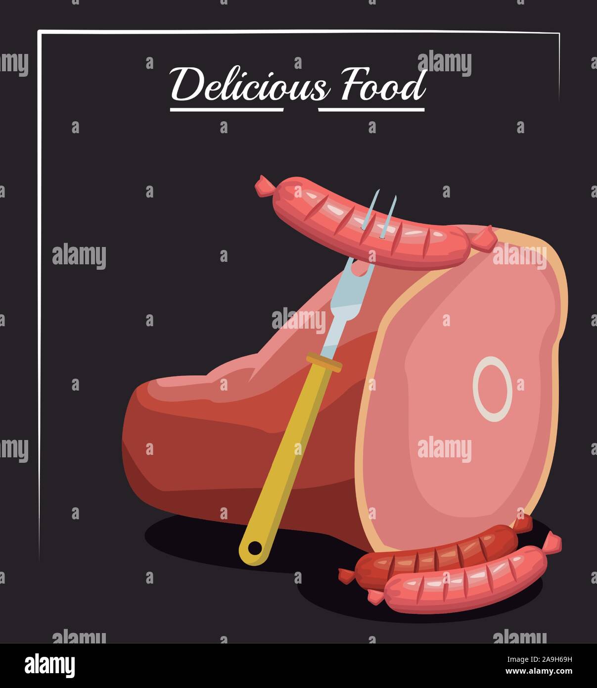 Prosciutto e la forcella con salsicce, design colorato Illustrazione Vettoriale