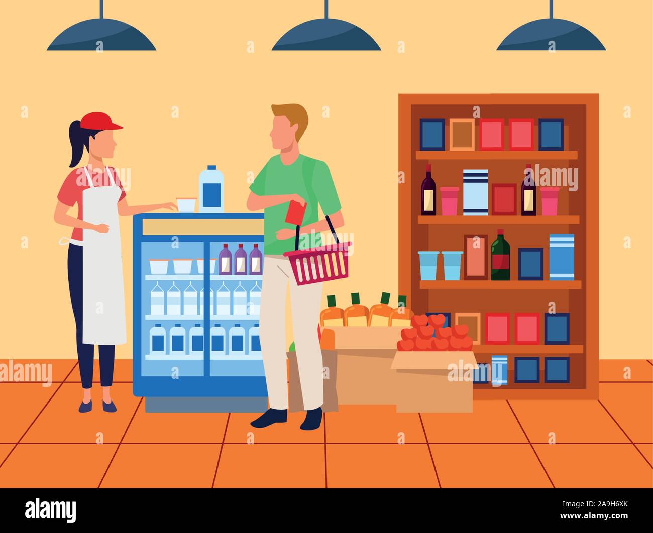 Supermercato lavoratore aiutando un cliente al supermercato corsia Illustrazione Vettoriale