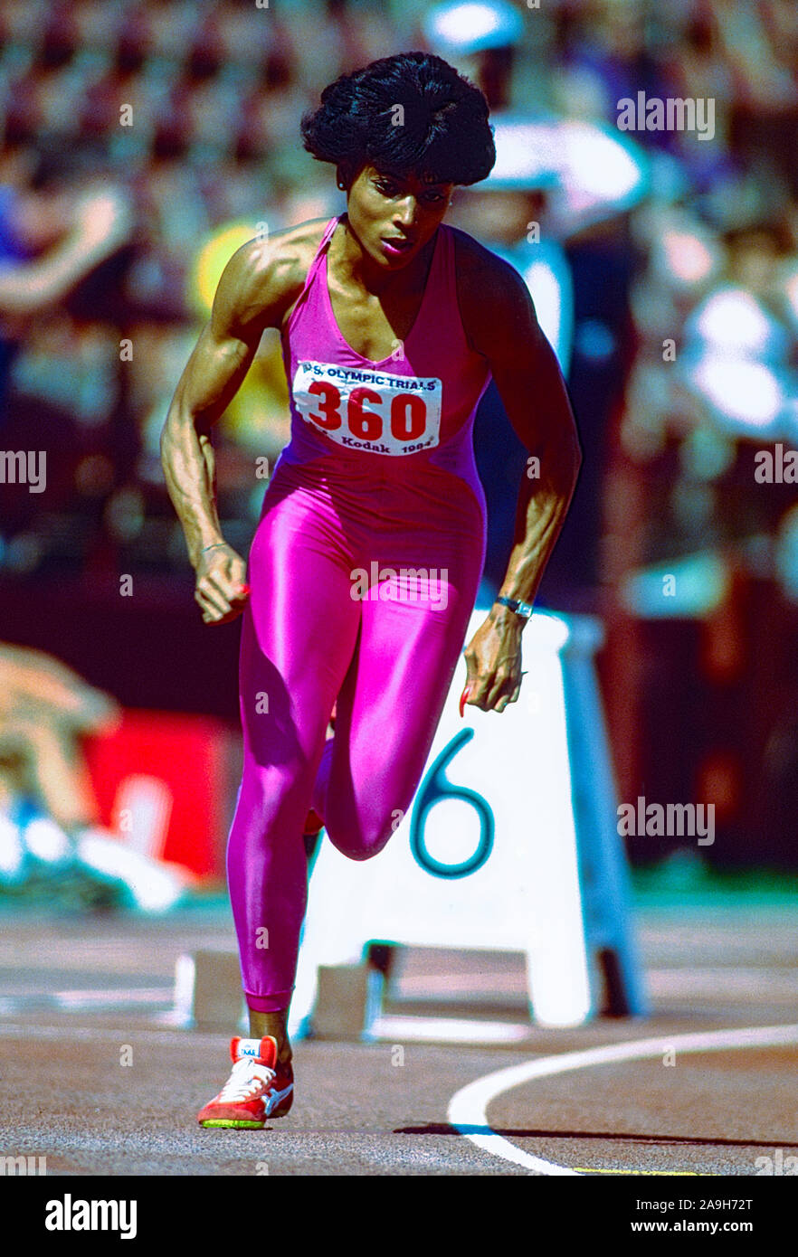 Florence Griffith Joyner competono al 1984 noi del team olimpico prove. Foto Stock