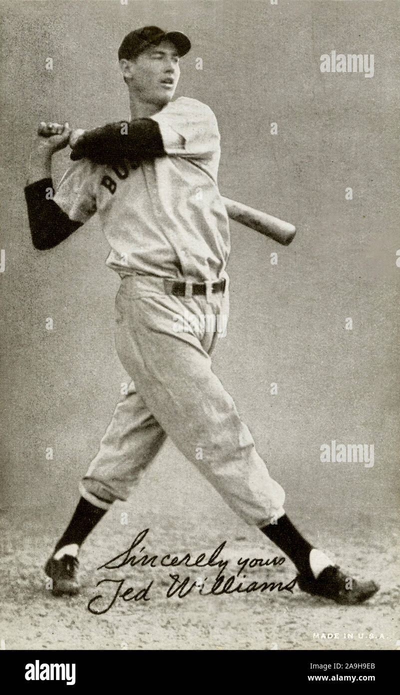 Vintage in bianco e nero presentano Scheda di baseball di Ted Williams con il Boston Red Sox circa 1940s. Foto Stock