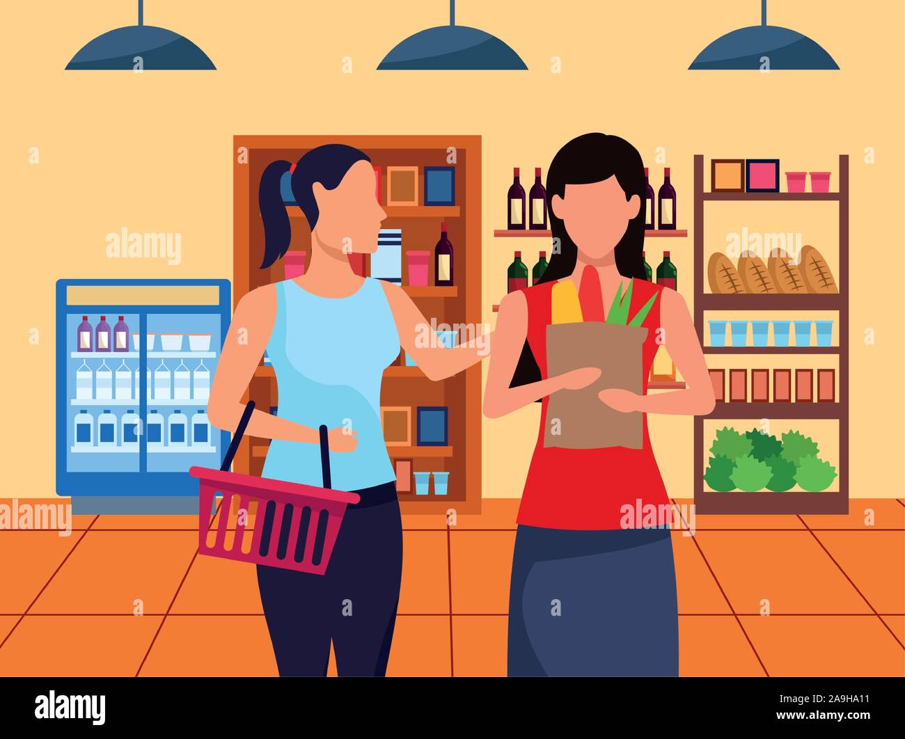 Avatar donne al supermercato corsia con gabbie con negozi di generi alimentari Illustrazione Vettoriale