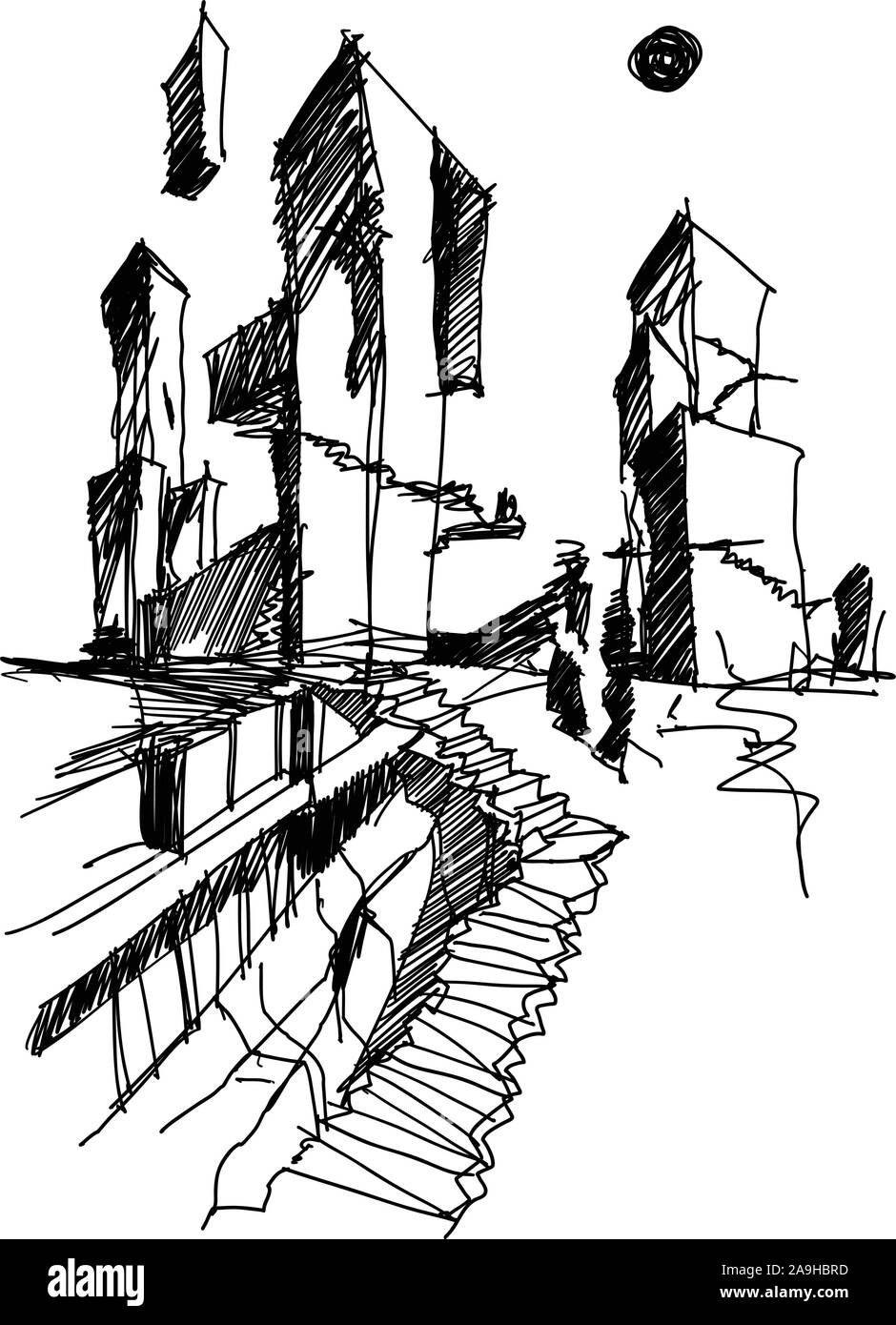 Disegnato a mano schizzo architettonico di una moderna architettura astratta con scale ripide Illustrazione Vettoriale