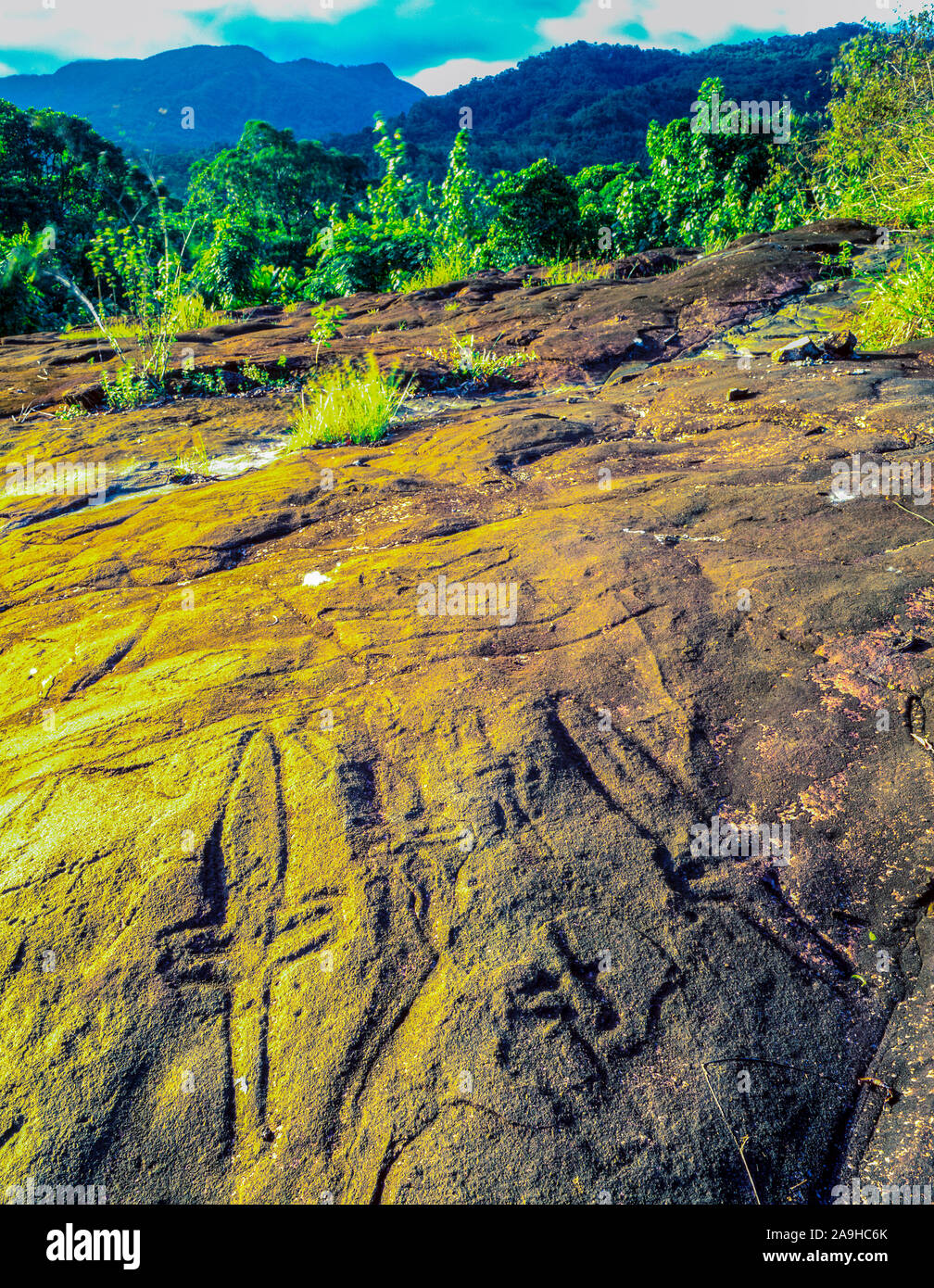 Spada di antiche incisioni rupestri, isola di Pohnpei, Stato Federato degli Stati federati di Micronesia, Oceano Pacifico Foto Stock