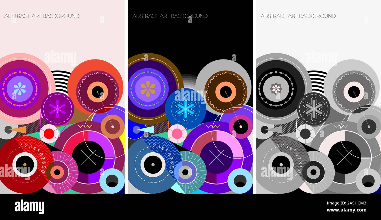 Ruote moderna arte astratta illustrazione vettoriale. Tre opzioni del modello decorativo design con vari ambienti e forme arrotondate. Illustrazione Vettoriale