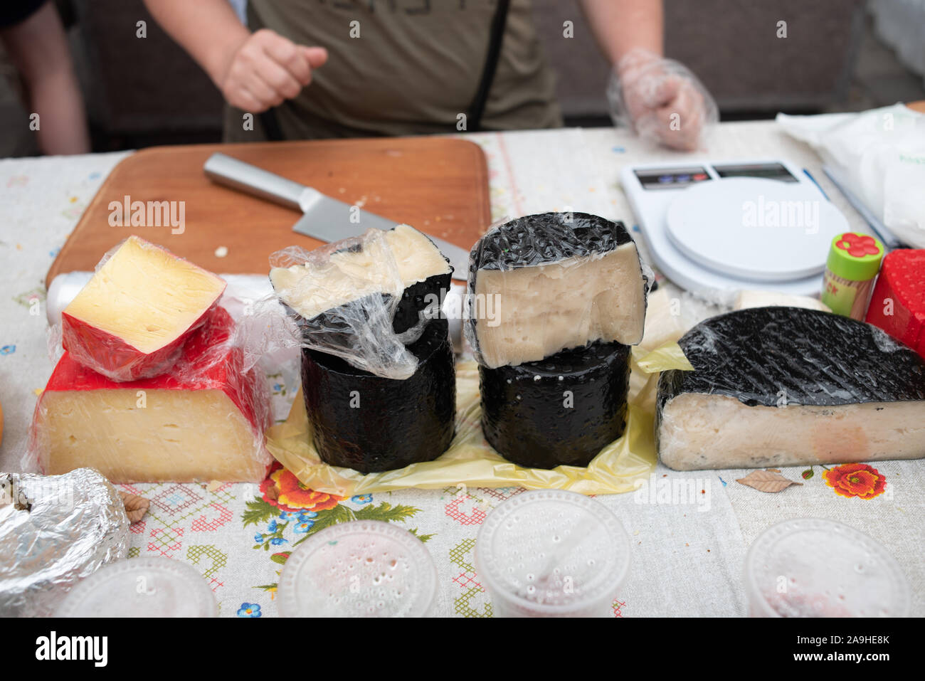 Varie fast food. Festival del cibo di strada, Oktoberfest. Cucina di Strada dei Formaggi. Varietà di formaggi dal produttore. Tipi di Artigianato di formaggio. Capra Foto Stock