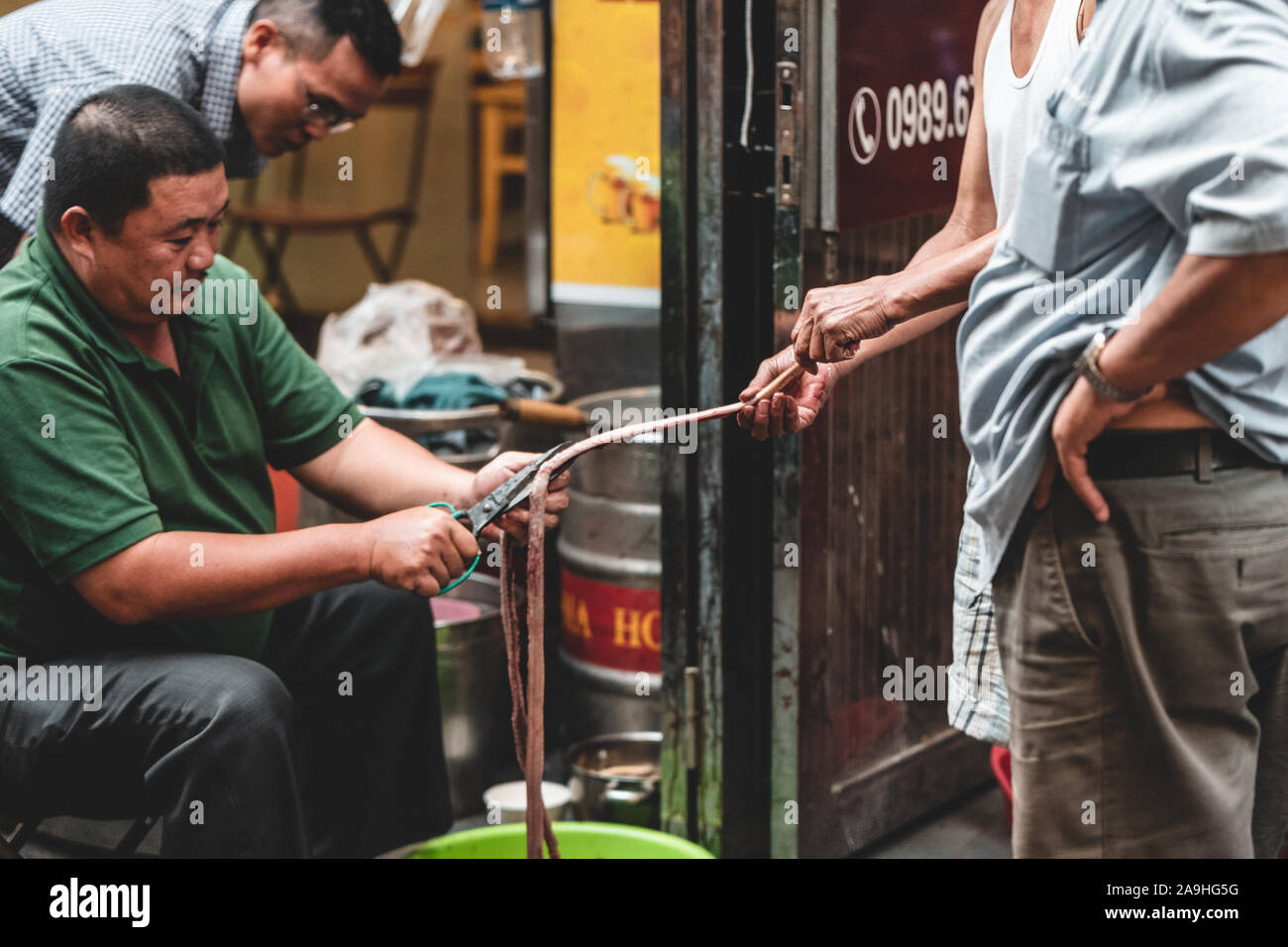 Hanoi, Vietnam - 18 Ottobre 2019: due uomini asiatici in un vicolo tagliata aperta nell'intestino o un'anguilla a prepararlo per un mercato o un cibo di strada Foto Stock