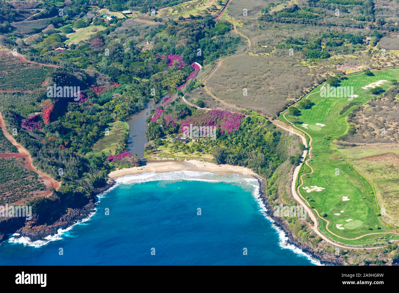 Vista aerea della costa meridionale di Kauai con piantagioni di caffè vicino a Poipu Kauai Hawaii USA Foto Stock