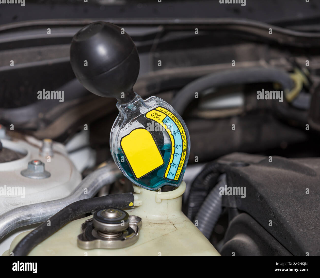 Tester di antigelo per il controllo del liquido di raffreddamento è una protezione antigelo nel radiatore di automobile sistema di raffreddamento. Concetto di inverno di manutenzione dell'auto Foto Stock