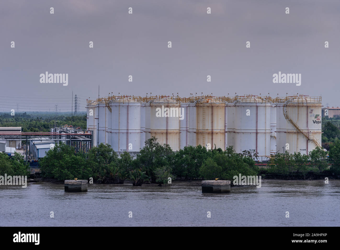 Lungo il fiume Tau, Vietnam - Marzo 12, 2019: Phuoc Khanh area. Vista dettagliata del cluster di PetroVietnam serbatoi bianco fronteggiata da fogliame verde marrone sotto-blue s Foto Stock