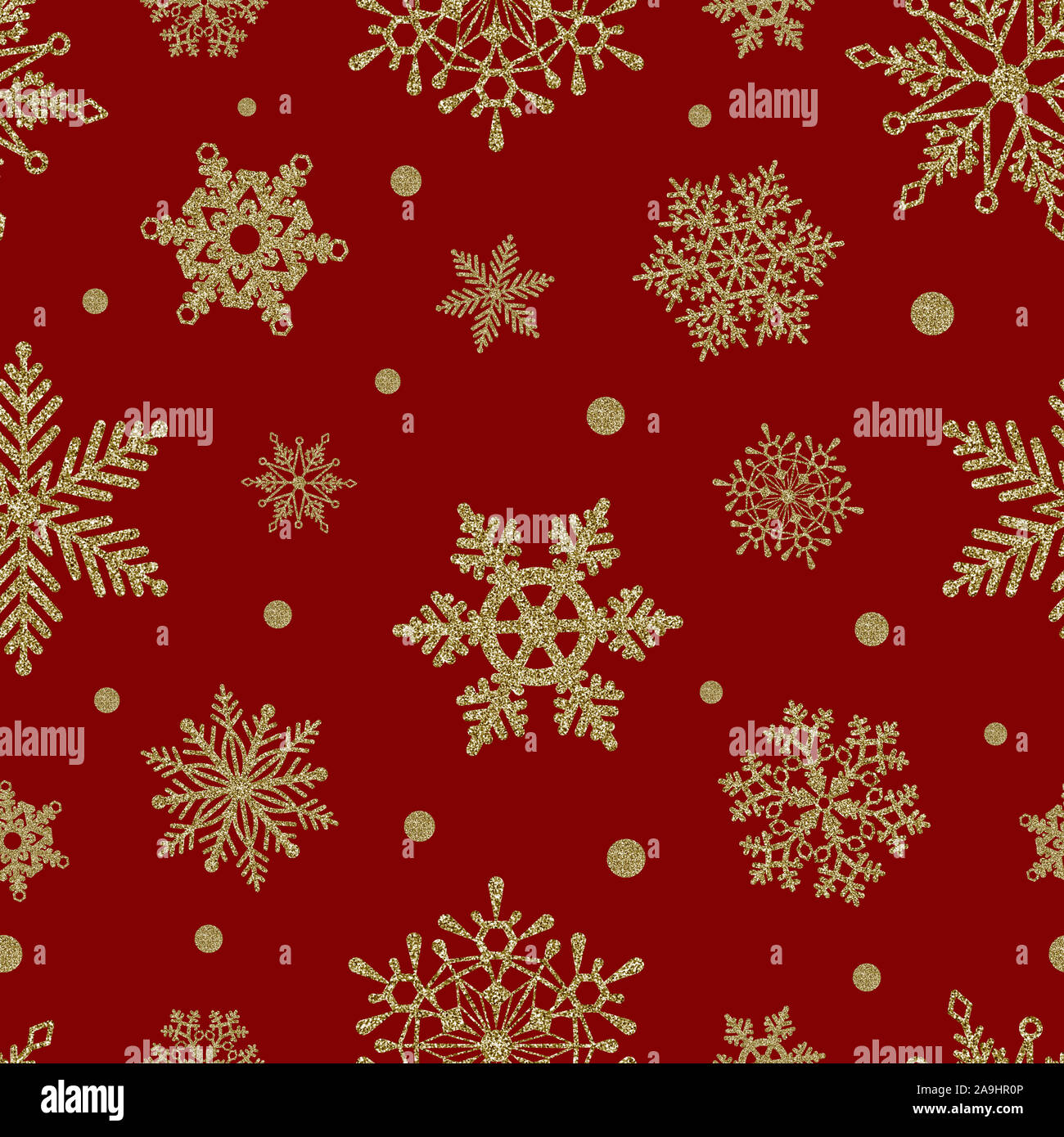 Seamless glitter oro fiocchi di neve su sfondo rosso per le decorazioni di Natale Foto Stock