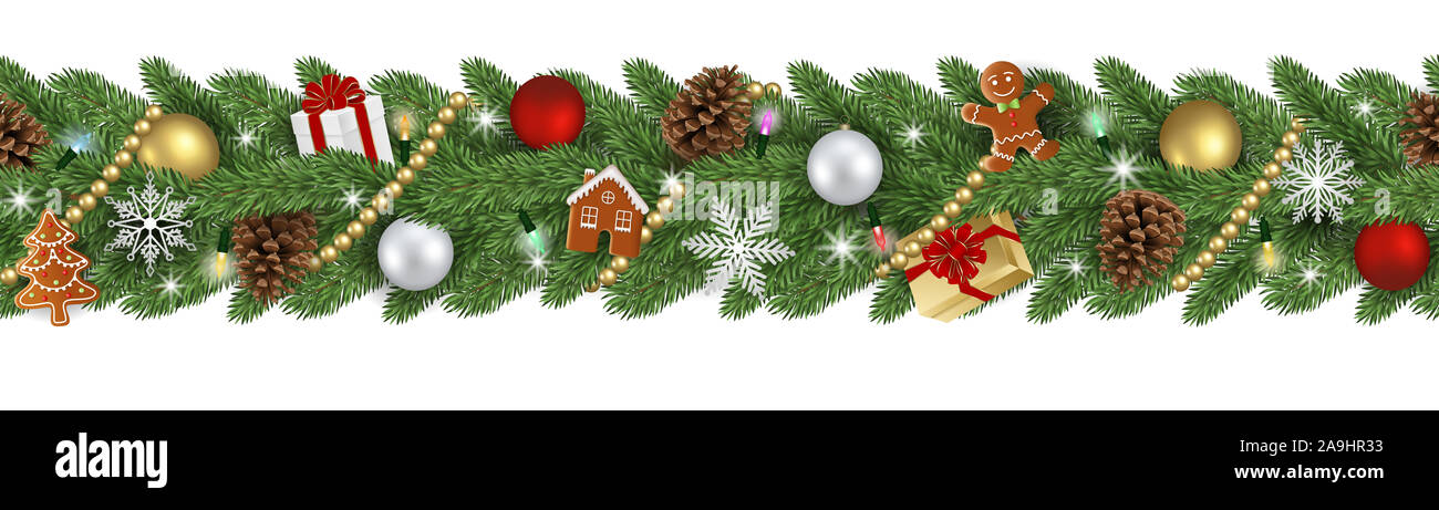 Natale senza giunture banner con rami di pino e le decorazioni di Natale Foto Stock