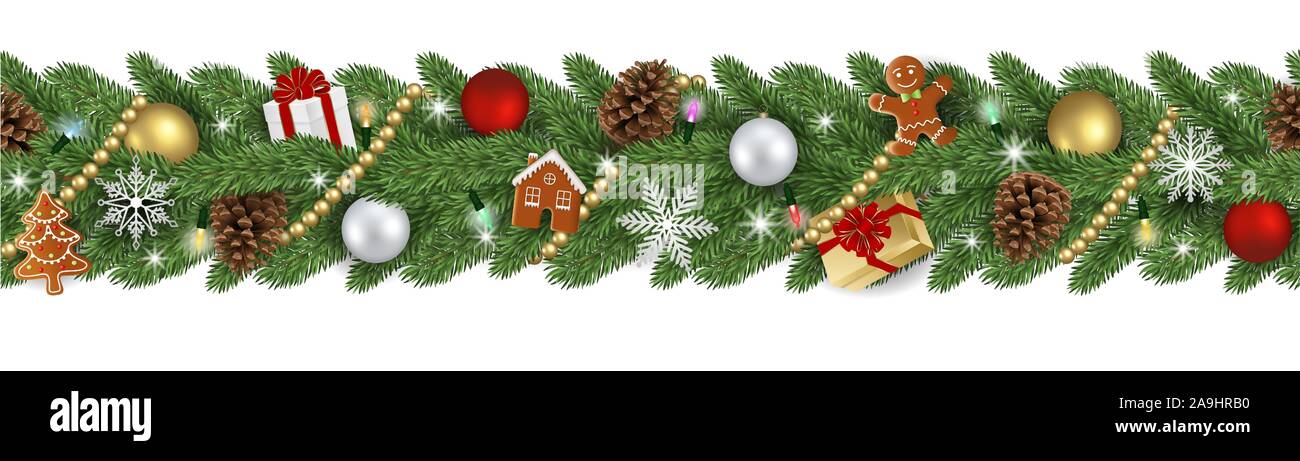 Natale senza giunture banner con rami di pino e le decorazioni di Natale Illustrazione Vettoriale