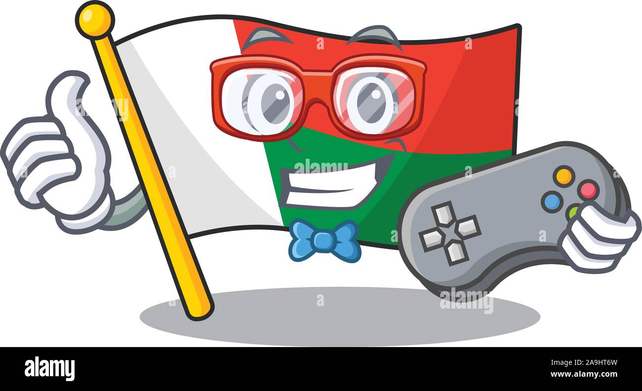 Cartoon su la mascotte bandiera madagascar holding gamer Illustrazione Vettoriale