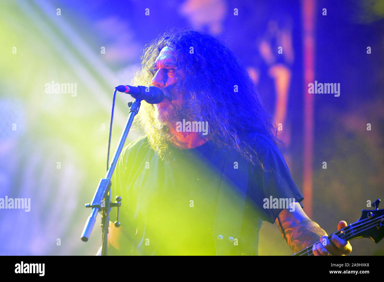 Rio de Janeiro, Brasile, 4 ottobre 2019. Cantante Tom Araya del cestino in metallo cacciatrice band durante un concerto al Rock in Rio 2019 a Rio de Janeiro. Foto Stock